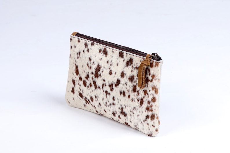 Brown and white cowhide coin and card purse, Cowhide brown mini clutch handmade purse image 2