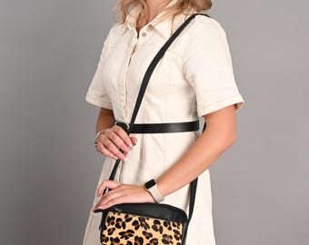 Leopard Hair-On Leather Crossbody Bag: Handmade Sling Bag
