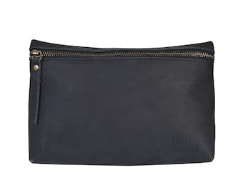 Black Leather Zip Pouch: Small Cosmetic & Makeup Bag