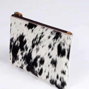 Porte-monnaie et porte-monnaie en cuir de vachette noir et blanc, mini pochette noire en peau de vache, pochette faite main