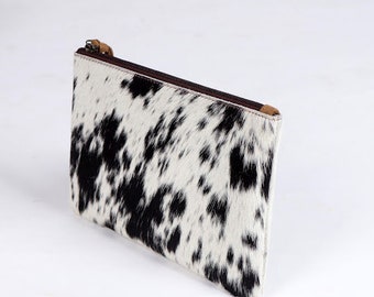 Moneda de cuero de vaca blanco y negro y monedero de tarjetas, Cowhide negro mini clutch clutch hecho a mano