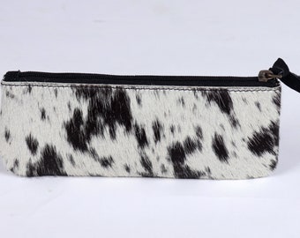 Handmade Cowhide Zipper Pouch: Black & White Leather Cosmetic Bag