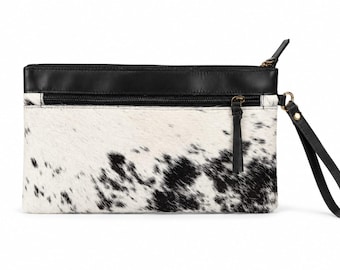 Real Cowhide Hairon Leather Wristlet Clutch Purse, Western Style Wallet Bag