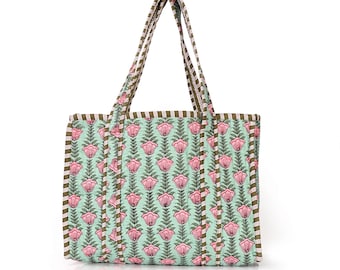 Boho Floral Quilted Cotton Tote Bag: Colorful Travel Shoulder Bag