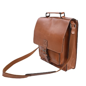 Sac messager artisanal en cuir marron clair : sac à bandoulière de 14 pouces