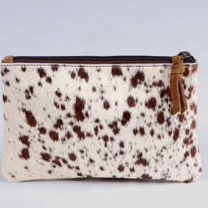 Brown and white cowhide coin and card purse, Cowhide brown mini clutch handmade purse image 1