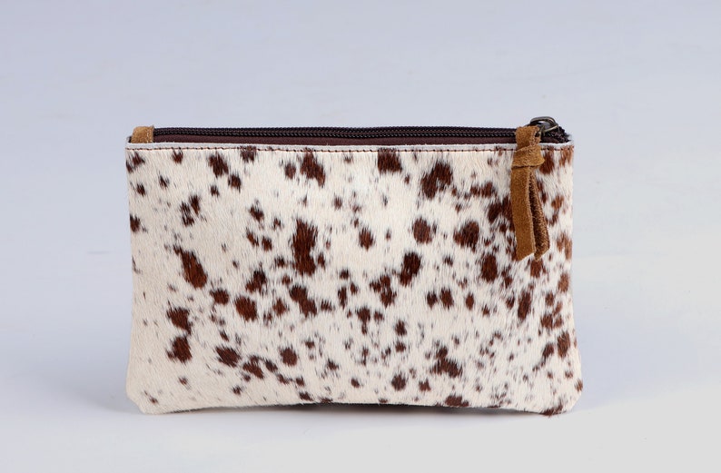 Brown and white cowhide coin and card purse, Cowhide brown mini clutch handmade purse image 1