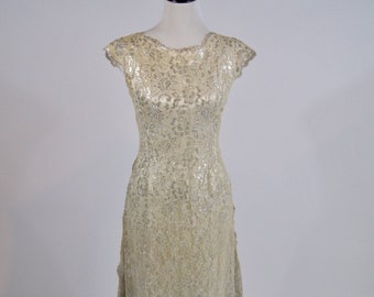 Vintage Late 1940s Ivory and Silver metallic Lace Gown, Bridal, S