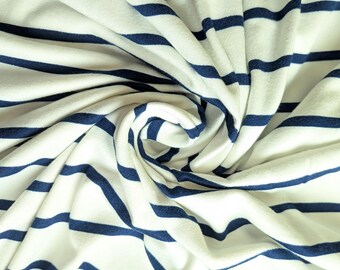 White Blue Stripe Double Brushed Polyester Knit 58" Wide BTY