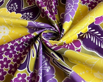 Floral Poplin Fabric: Purple, Yellow Flowers, 58" Wide