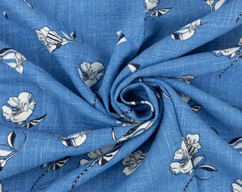 Blue Floral Linen Cotton Blend Fabric by the yard 55" wide Apparel Natural