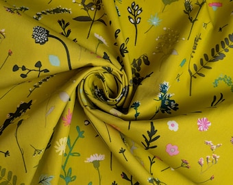 Yellow Floral AGF Cotton Fabric: Plantae Sunrise, 44" Wide, 1/2 Yard
