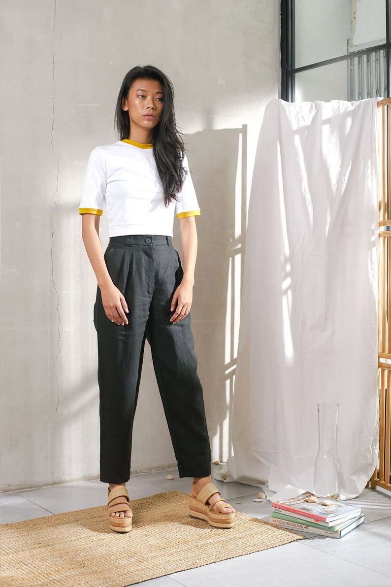 Black Linen Pants Preppy Pleated High waisted Tapered Trousers Cute Aesthetic Clothing Best Selling Items