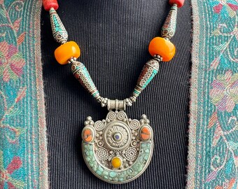 Vintage Tibetan Pendant strung traditionally with Nepalese beads