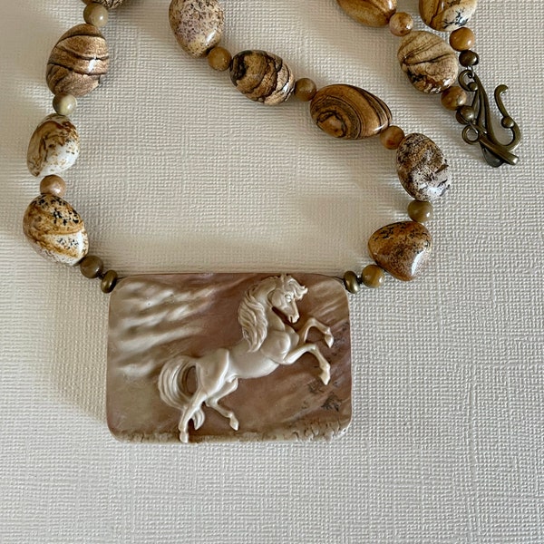 Horse carved Ribbon Jasper necklace with Picture Jasper beads and matching earrings