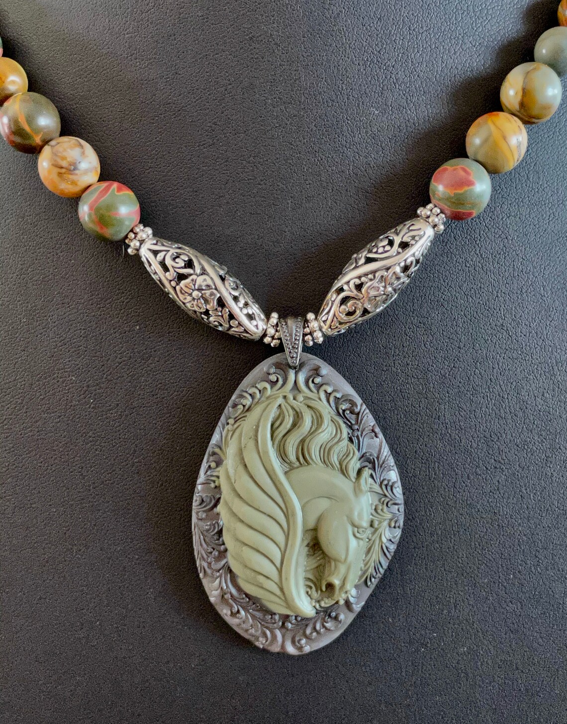 Carved Pegasus in Ribbon Jasper With Picture Jasper Beads and Silver