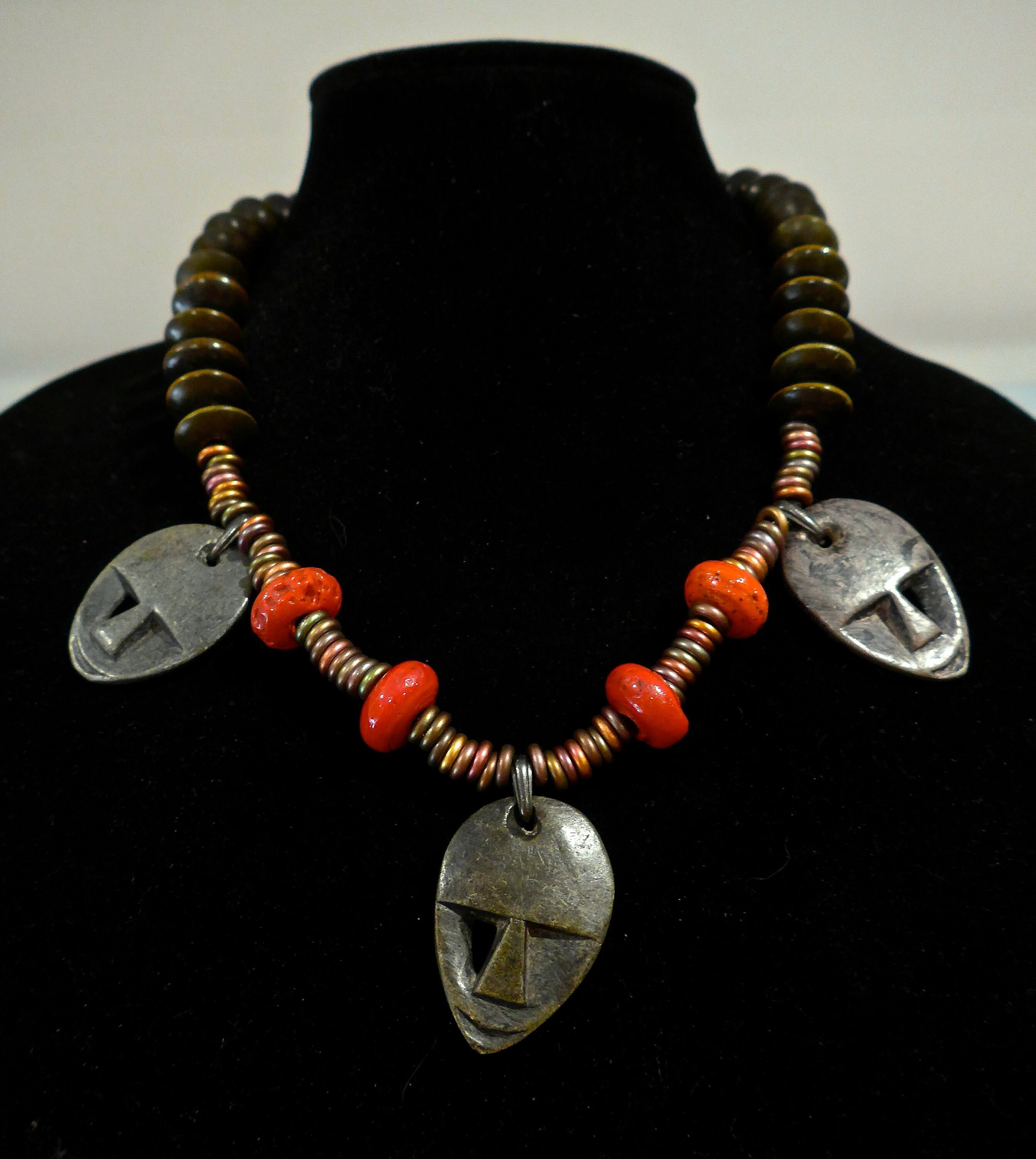 Three African Masks With Nepalese Sherpa Coral and African Wood Beads ...