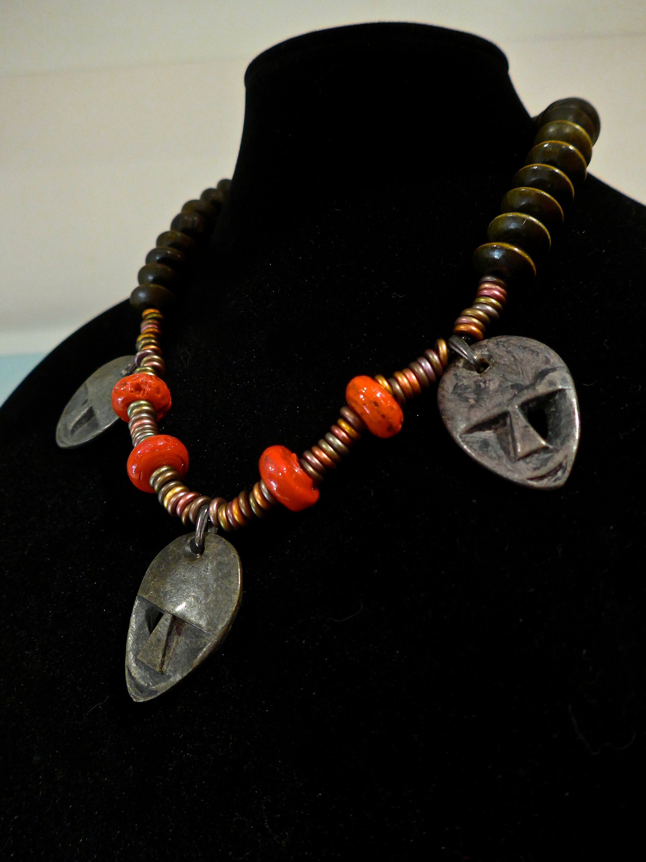 Three African Masks With Nepalese Sherpa Coral and African Wood Beads ...