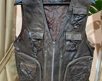 Vintage Big Bear Leather Utility Vest – Brown – Multi-Pocket Zip Front – Outdoor Hunting Style