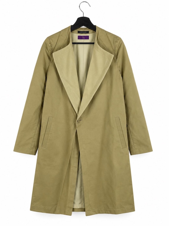 Yohji Yamamoto, Vintage Y’s by Yohji Yamamoto Khaki Long Trench Coat Japanese Designer Avant Garde Minimalist Size 2