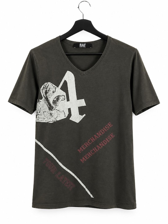 Raf Simons, RAF by Raf Simons Vintage Graphic V-Neck T-Shirt Faded By Sun Cotton Designer Streetwear Size S
