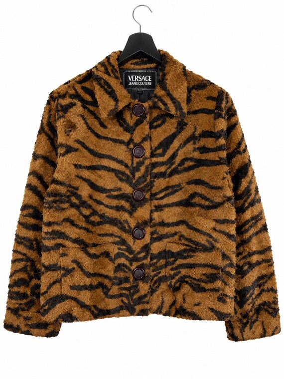 Versace Jeans Couture, Vintage Versace Jeans Couture Tiger Print Faux Fur Jacket Brown Black Luxury Designer Women Coat XS