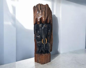 Wood Carving Sculpture Elephant Family