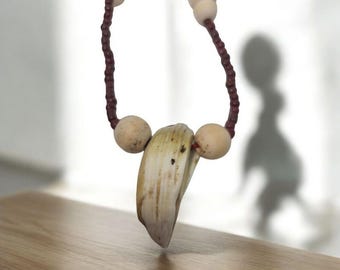 May include: A necklace with brown beads and a seashell pendant. The necklace is made of wood and has a natural finish.