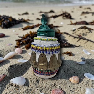 May include: A decorative bottle featuring a green cobra figurine. The bottle is decorated with bands of colourful beads and gold-coloured accents. It rests on a sandy beach, surrounded by seashells and seaweed.