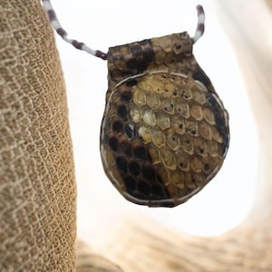 Può includere: Un ciondolo in pelle di serpente marrone e nero con un cordoncino bianco.