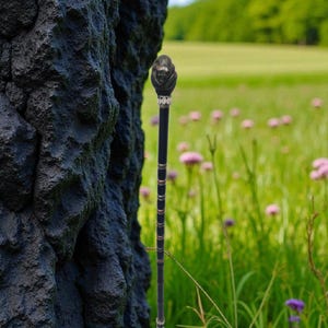 May include: A black walking cane with a detailed, dark-coloured lion head handle. The cane's shaft is black with gold-coloured bands. The background features a green field with pink flowers and a large, dark tree trunk.