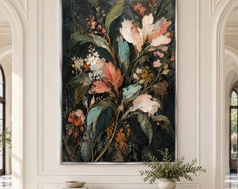 Dark Moody Floral Painting Heavy Textured Botanical Art Quiet Luxury Wall Decor