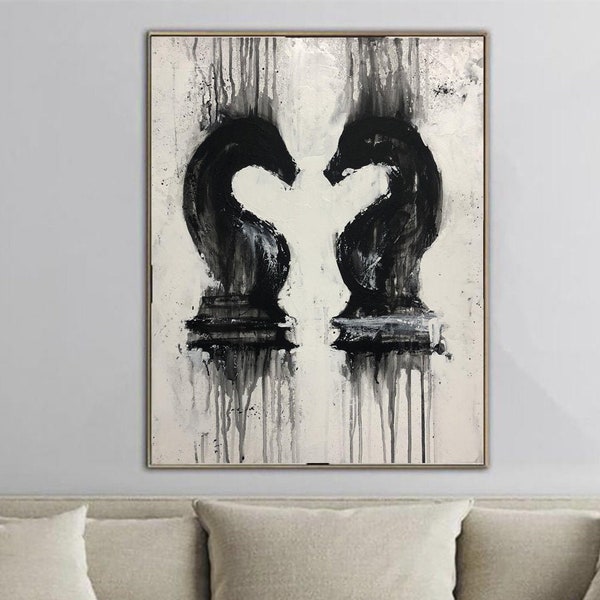 Abstract Painting Original Large Wall Art Chess Painting On Canvas Black And White Art Contemporary Art Acrylic Painting Home Decor Wall Art