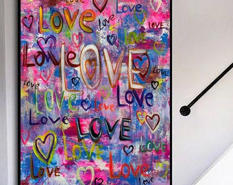 Large &#39;Love Art&#39; Heart Painting: Modern Abstract Acrylic Canvas