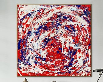 Jackson Pollock Style Painting Abstract Red Mixed Blue White Painting 50x50 Aesthetic Painting Expressionist Art Luxury Painting Room Decor