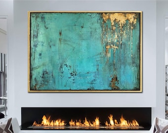 Large Original Oil Painting Blue Painting Oversized Wall Art Gold Leaf Abstract Paintings on Canvas Framed Painting Abstract Fine Art