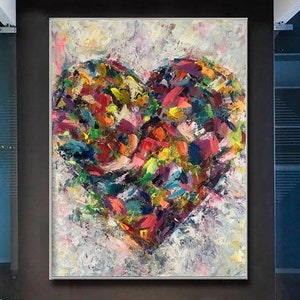 Pintura abstrata grande de coração colorido sobre tela, arte romântica