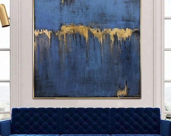 Modern blue gold abstract painting, textured gold leaf canvas, metallic artwork