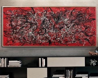 Dipinti in stile Jackson Pollock su tela rossa brillante Arte moderna astratta colorata dipinta a mano per soggiorno