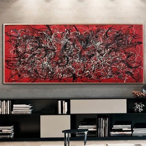 Dipinti in stile Jackson Pollock su tela rossa brillante Arte moderna astratta colorata dipinta a mano per soggiorno immagine 1