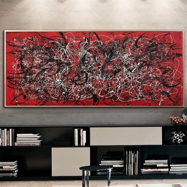 Pinturas de estilo Jackson Pollock sobre lienzo rojo brillante, Arte Fino colorido abstracto moderno, arte de pared hecho a mano para sala de estar