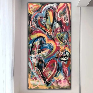 Arte de parede em forma de coração colorido – Pintura de amor abstrata moderna