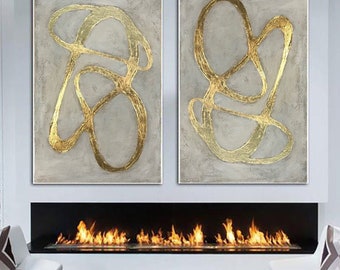 Set of 2 gold gray textured oversized painting, diptych abstract wall art