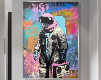 Astronaut With Music Player Modern Art Cosmic Pop Art Space Music Creative Paintings On Canvas Creative Exploration Unique Art 51x35.4"