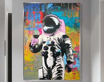 Astronaut With Glass Of Wine Vibrant Colors Pop Art Extraterrestrial Indulgence Modern Art Unique Space Wine Hand Painted Art  51x35.4"