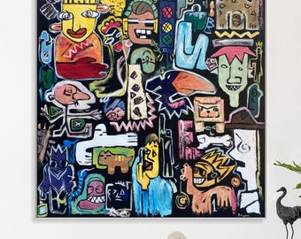 Large Abstract Graffiti Painting: Modern Acrylic Figurative Art (60x60")