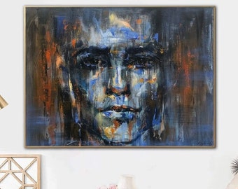 Abstract Portrait Paintings On Canvas Blue Figurative Art Acrylic Face Painting Expressionist Art 30x40 Textured Painting Glam Decor