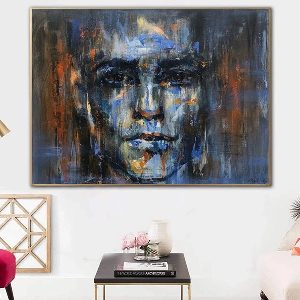 Abstract Portrait Paintings On Canvas Blue Figurative Art Acrylic Face Painting Expressionist Art 30x40 Textured Painting Glam Decor