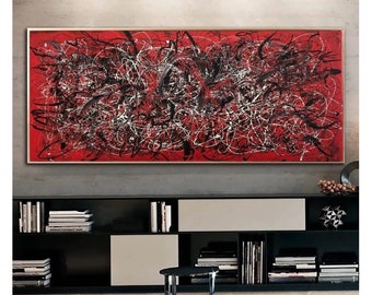 Jackson Pollock Style Painting: Red Abstract Canvas Wall Art