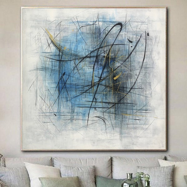 Large Acrylic Painting Blue Abstract Paintings On Canvas Modern Painting Framed Wall Art Original Wall Painting Handmade Canvas